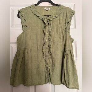 Max Studio Olive Green Ruffle Eyelet Button-Front Blouse